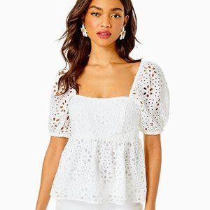 NWT Lilly Pulitzer Kay Short Sleeve Eyelet Top, White, Size 14